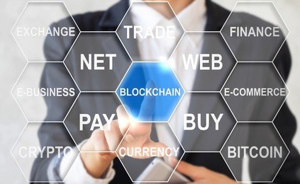businesswoman presses blockchain word hexagon cloud symbol. businessman touched block chain icon. business, trade exchange internet e-business, e-commerce concept.