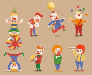 cute funny clowns different positions and actions character icons set retro cartoon design vector illustration