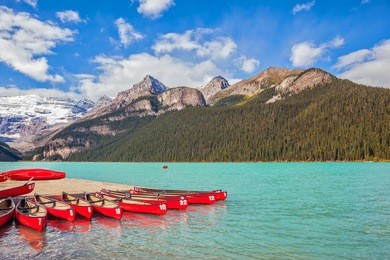 lake louise on a beautiful sunny day. banff national park, rocky mountains, canada
