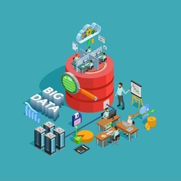 big data access storage distribution information management and  analysis for efficient business planning isometric poster vector illustration 