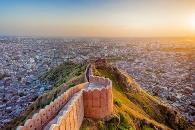 aerial view of jaipur from nahargarh fort at sunset