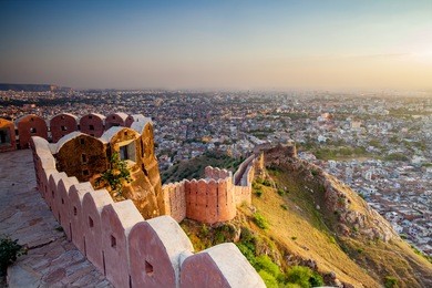 aerial view of jaipur from nahargarh fort at sunset