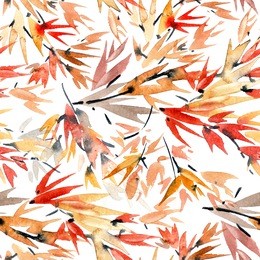 watercolor and ink bamboo leaves pattern in style sumi-e, u-sin. oriental traditional painting. seamless pattern.