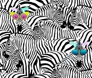 abstract illustration herd of zebras, animal seamless pattern, fashion striped print, color black  white, spring summer, design  fabric texture, tropical  vector, two funny zebra in sunglasses