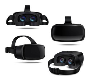 realistic black vr headsets viewed from different sides isolated on white background vector illustration