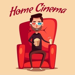 cinema time. home movie watching. cartoon vector illustration. red sofa. web, banner and logo design. popcorn, cola and 3d glasses. vintage style. food and drink. happy man.