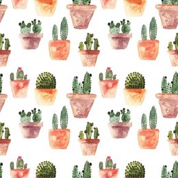 seamless pattern with cactus. watercolor illustration. cactus in a pot. isolated objects. green, brown.