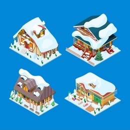 isometric christmas decorated houses with fir tree and snowman. vector 3d flat illustration