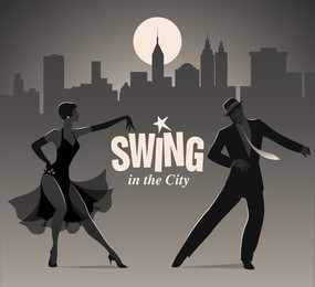 swing in the city: elegant couple dressed in 1950s clothes style, dancing jazz or swing
