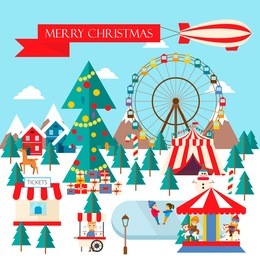 merry christmas greeting card with winter amusement park, ice rink, people, tree, vector illustration