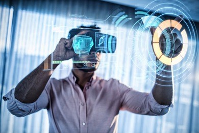 digitally generated image of medical device interface against businessman using an oculus