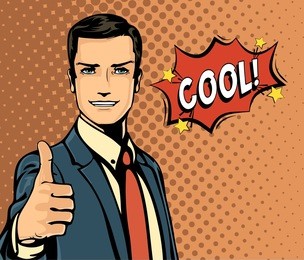 cartoon businessman and bubble speech, thumb up gesture. onomatopoeia man or manager with message cool in speech bubble, business and manager theme, comic speech and smiling face expression