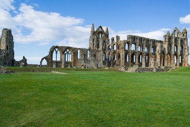 ruins of whitby abbey in north yorkshire of the uk. it is ruins of the benedictine abbey. now it is under protection of the english heritage.