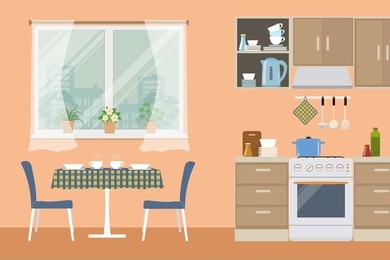 kitchen in an orange color. there is a furniture, a stove, a table, two chairs and other objects in the picture. vector flat illustration