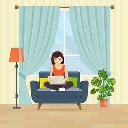 happy young woman is relaxing on comfortable couch and using laptop at living room. vector flat illustration