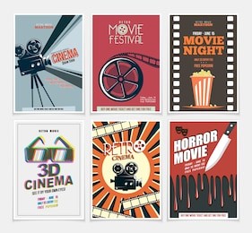 movie retro posters and flyers set. vintage cinema promotional printing collection. can be used for ad, banner, we design. layout template in a4 size.