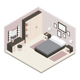 gray isometric bedroom interior is fully renovated one bedroom furnished with furniture vector illustration