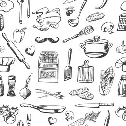 hand drawn seamless pattern with decorative cooking icons. vector sketch background with kitchen utensils,  vegetables, cooking hob, products, kitchenware. doodle elements.