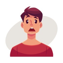 young man face, surprised facial expression, cartoon vector illustrations isolated on gray background. handsome boy emoji surprised, shocked, amazed, astonished. surprised face expression