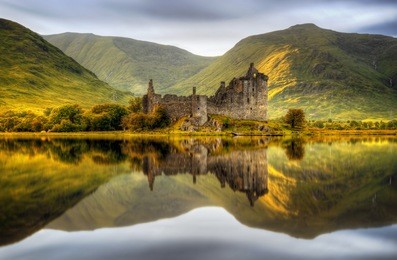 kilchurn castle reflections in loch awe at sunset, scotland