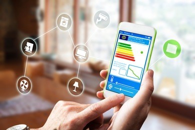smart home, intelligent house automation remote control technology concept on smart phone / tablet working with smarthome app. iot - internet of things