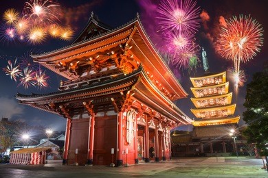 colorful firework over sensoji temple in asakusa, tokyo japan celebrate new year at night time