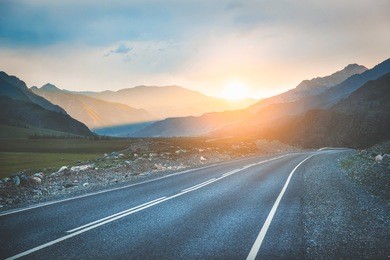 mountain road on the sunset. altay. siberia. m-52 route.