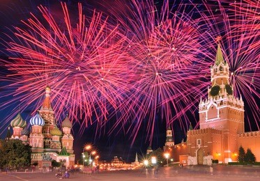 fireworks explode over red square in moscow, russia