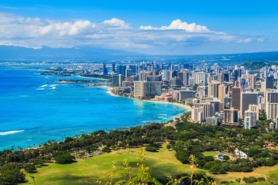 skyline of honolulu, hawaii and the surrounding area including the hotels and buildings on waikiki beach