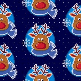 christmas seamless pattern with ornaments of a jacquard knitting. image of a santa's deer with red nose in a blue scarf. vector illustration.