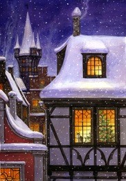 watercolor illustration. winter fairytale cityscape. christmas greeting card. new year and xmas holidays design.