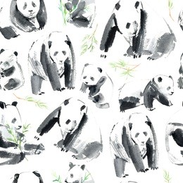 seamless pattern with panda and bamboo.postcard with animals.watercolor hand drawn illustration.white background.