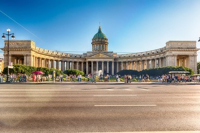 the iconic facade and colonnade of kazan cathedral, one of the main citysights in st. petersburg, russia