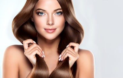 beautiful model girl with shiny brown straight long  hair . care and hair products .