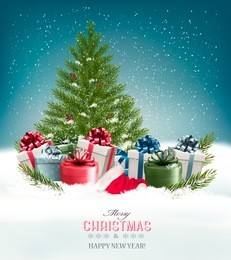 christmas background with a christmas tree and presents. vector.