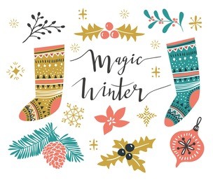 christmas set. template for greeting scrap booking, congratulations, invitations. vector illustration with stylish lettering 'wonder winter' and isolated christmas elements.
