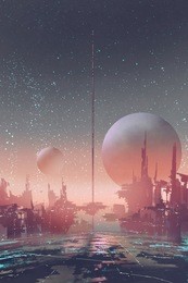 aerial view of sci-fi city with futuristic buildings on an alien planet,illustration painting