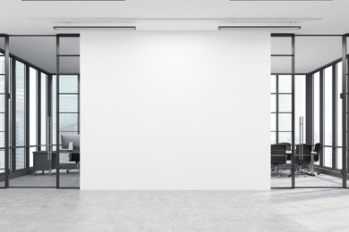 office lobby. large white wall is in the middle with two conference rooms by both sides. 3d rendering. mock up