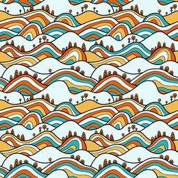 landscape pattern. vector seamless pattern with hills, trees, fields and peaks. background illustration with bright landscape.