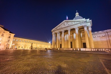 pantheon at night, paris, france. it is a secular mausoleum containing the remains of distinguished french citizens.located in the 5th arrondissement of paris on the mountain saint genevieve.