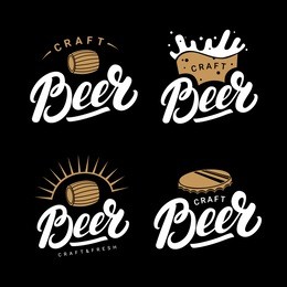 set of beer hand written lettering logos, labels, badges for beer house, brewing company, pub, bar. modern brush calligraphy and design elements. isolated on black background. vector illustration.