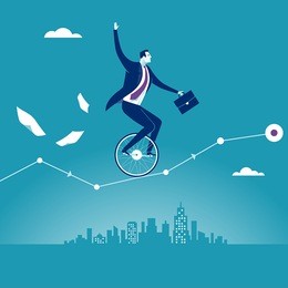 balance. manager balancing on unicycle trying to drive through business chart. concept business vector illustration