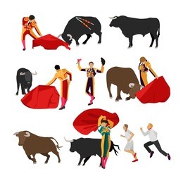 vector bullfighting set of corrida people. public traditional performance in spain. matador, bull, red cape and picador icons in flat design
