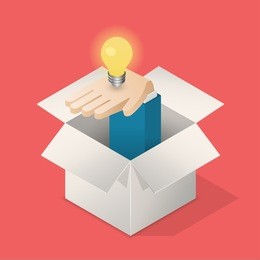 lightbulb in hand in box. suggest an idea business concept. isometric vector illustration.