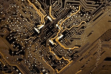 close up of yellow computer circuit board