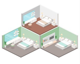 modern bedroom design in isometric style. flat 3d illustration