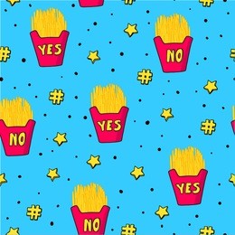 vector seamless pattern with hand drawn french fries and words yes and no. stars, dots and hashtags. good for fabric print design, wrapping paper, school notebook cover and other.