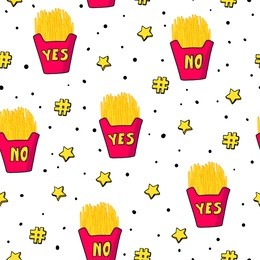 vector seamless pattern with hand drawn french fries and words yes and no. stars, dots and hashtags. good for fabric print design, wrapping paper, school notebook cover and other.