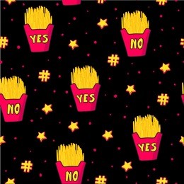 vector seamless pattern with hand drawn french fries and words yes and no. stars, dots and hashtags. good for fabric print design, wrapping paper, school notebook cover and other.