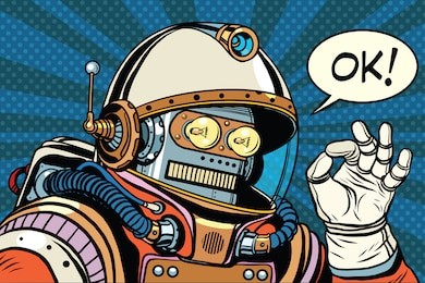 okay retro robot astronaut gesture ok, pop art retro vector illustration. science fiction and robotics, space and science